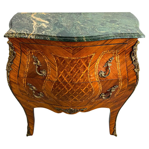 French Louis XV Bombe Marble Top Bronze Mounted Marquetry Chest or Commode