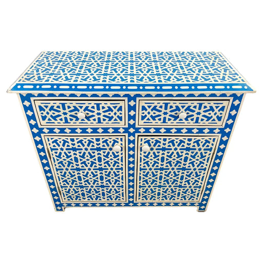 Modern Style Moroccan White & Blue Resin Arabesque Design Cabinet, Sideboard