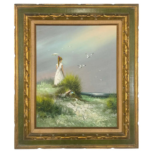 Impressionistic Seascape Oil on Canvas Painting of a Lady and Seagulls