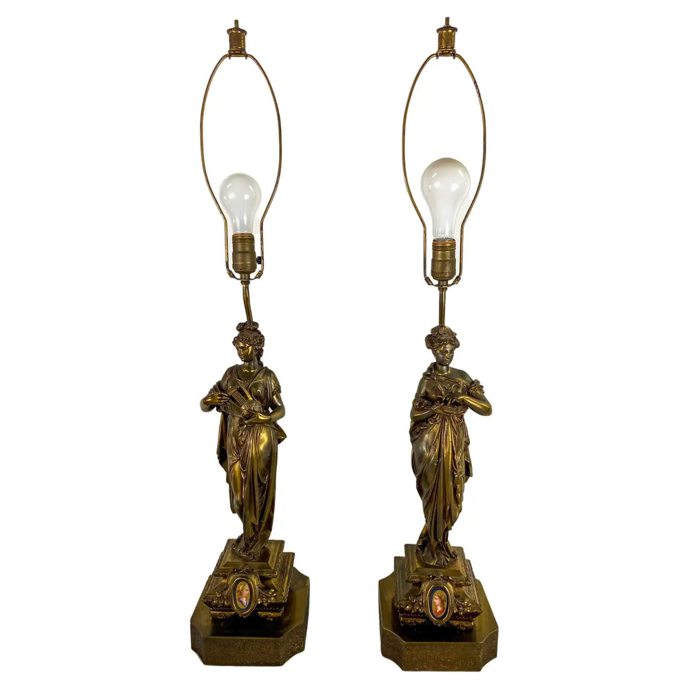 French Art Nouveau Bronze Figural Table Lamp, a Pair