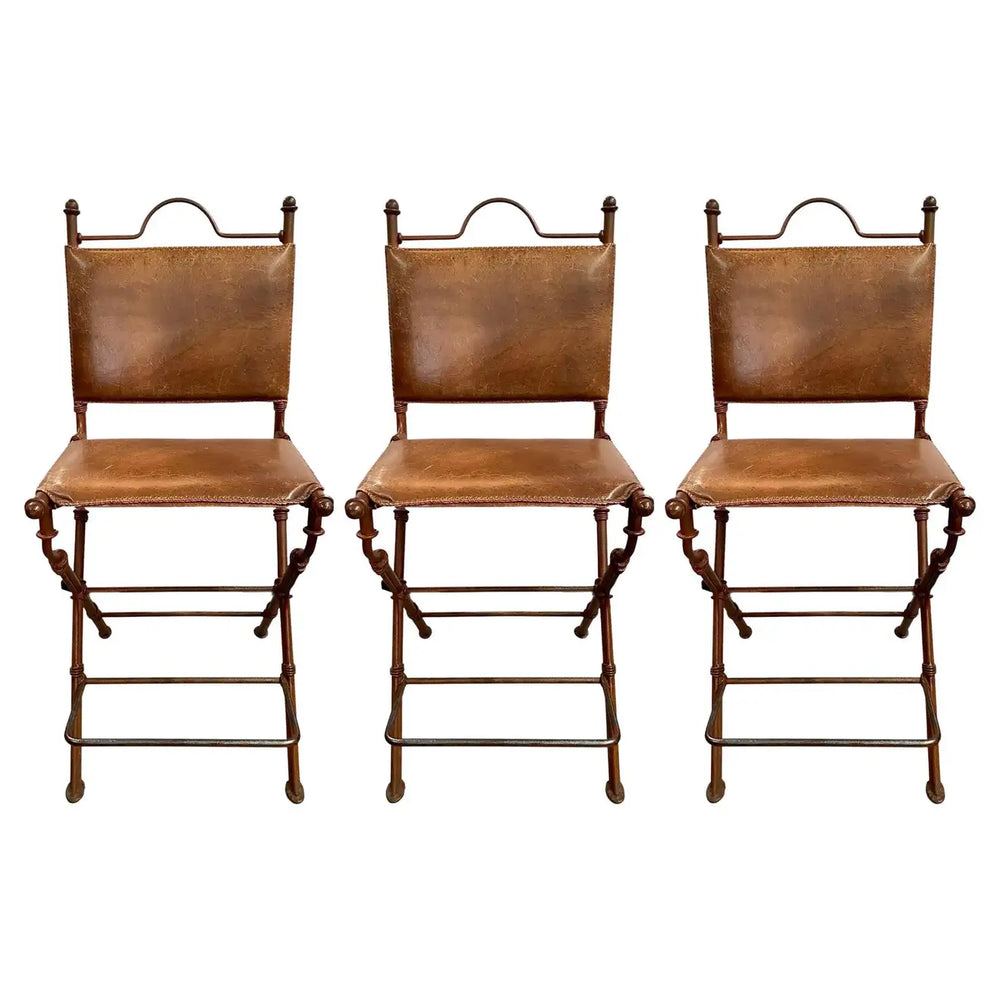 Mid Century Modern Rustic Leather and wrought iron Bar/Counter Stool, Set of 3