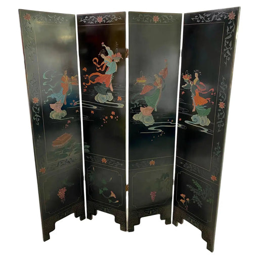 Japanese Asian Black Lacquered 4 Panel Room Divider or Screen with Women Design
