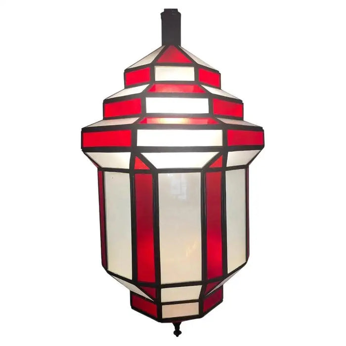 Art Deco Style White Milk and Red Glass Chandelier, Pendant or Lantern