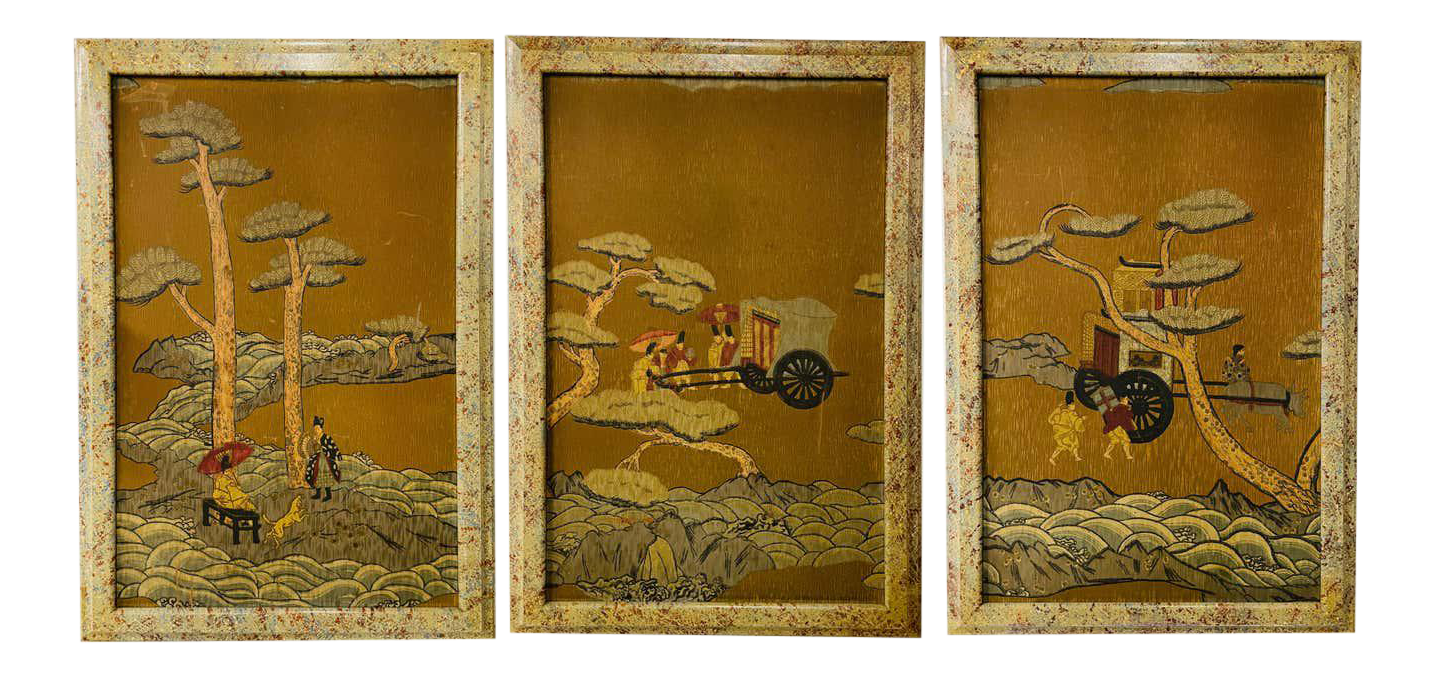 Framed Hand Painted Asian Japanese Bonsai Tree Wood Panels, Set of 3