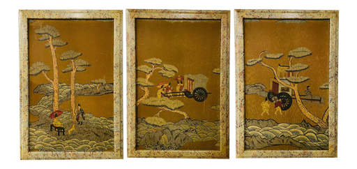 Framed Hand Painted Asian Japanese Bonsai Tree Wood Panels, Set of 3