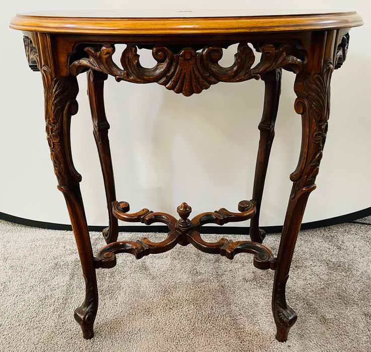 French Art Nouveau Style Marquetry Carved Wooden End or Side Table