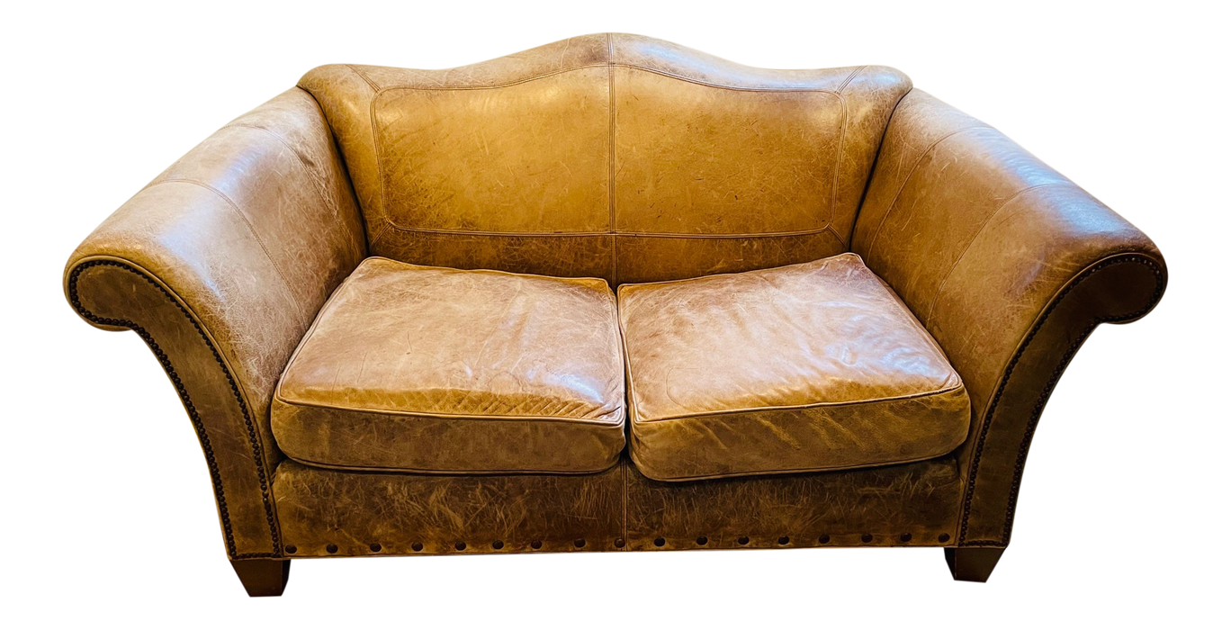 Mid Century Camel Brown Leather Settee