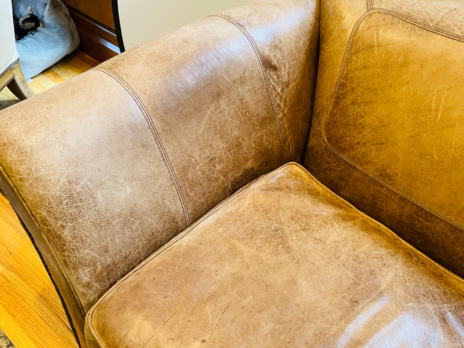Mid Century Camel Brown Leather Settee