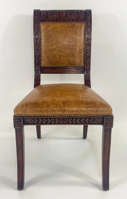 French Empire Style Mahogany & Leather Saber Legs Dining Chair, A Set of 8