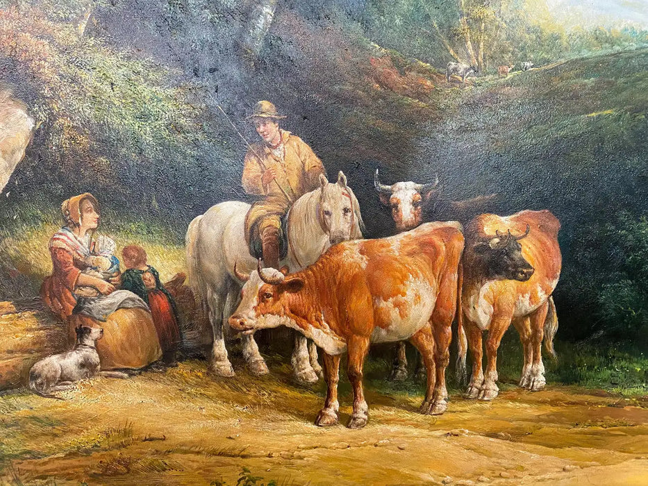 Large Impressionistic Oil on Canvas Painting of Farmers with Cattle, Framed
