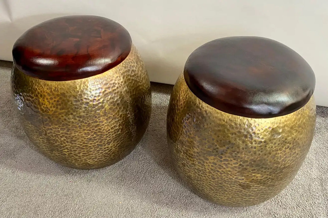 Mid-Century Modern Brass Ottoman, Stool or Side Table with Leather Top, a Pair