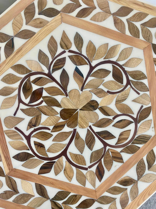 Boho Chic Leaf Design Resin & Walnut Hexagonal Side or End Table, Pair