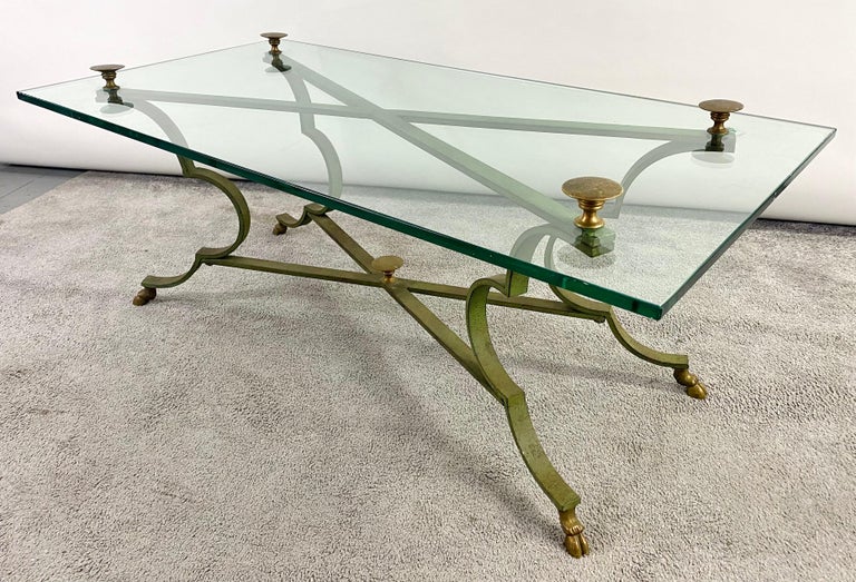 Neoclassical Style Brass and Cast Iron Coffee Table with Glass Top