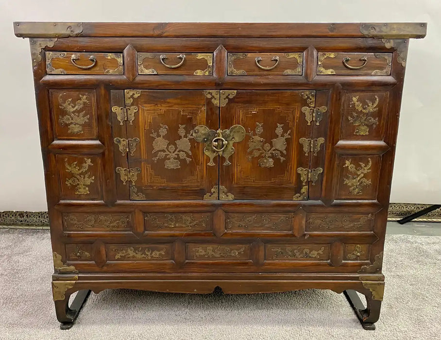 Antique Korean Tansu Butterfly Cabinet or Chest Elm Wood with Brass Inlay