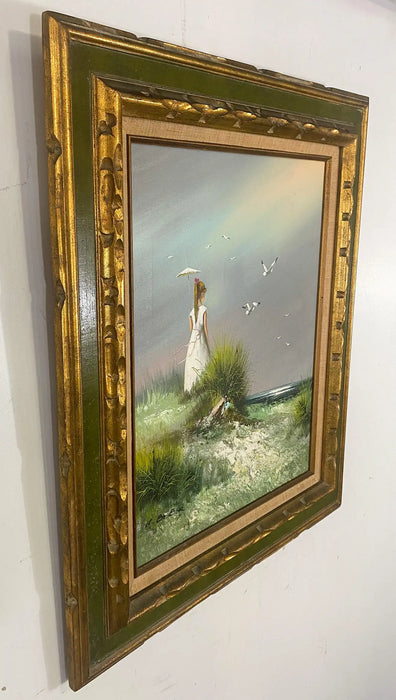 Impressionistic Seascape Oil on Canvas Painting of a Lady and Seagulls