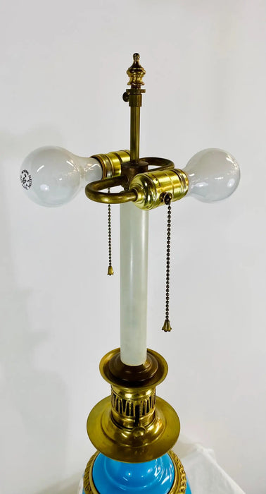 French Neoclassical Style Porcelain & Brass Converted Oil Lamp, a Pair