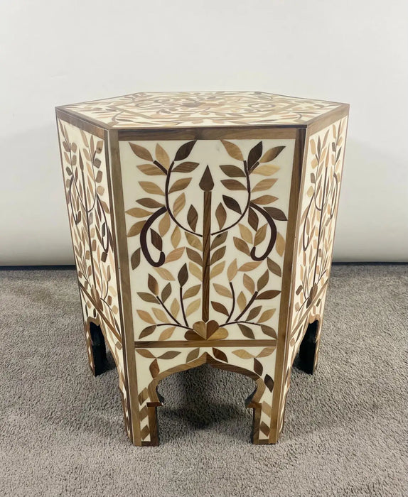 Moroccan Boho Chic Leaf Design Resin & Walnut Hexagonal Side or End Table, Pair
