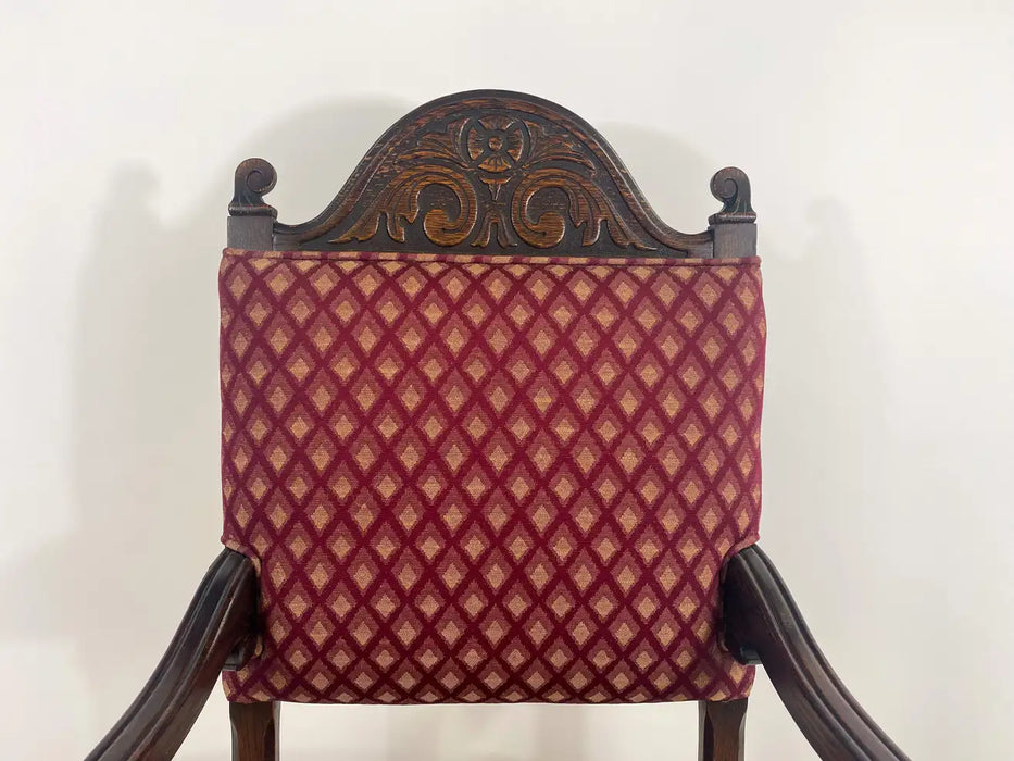 Jacobean Style Oak Carved Berger or Arm Chair with Red Upholstery, a Pair