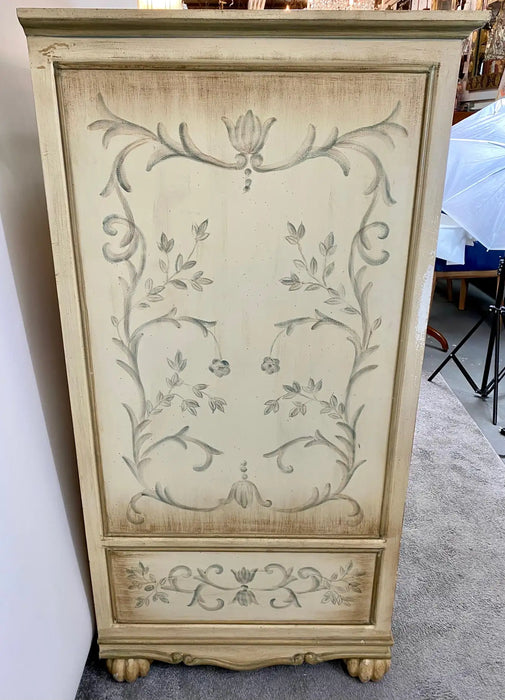 French Provincial Hand Painted with Green Floral Design cabinet or Armoire