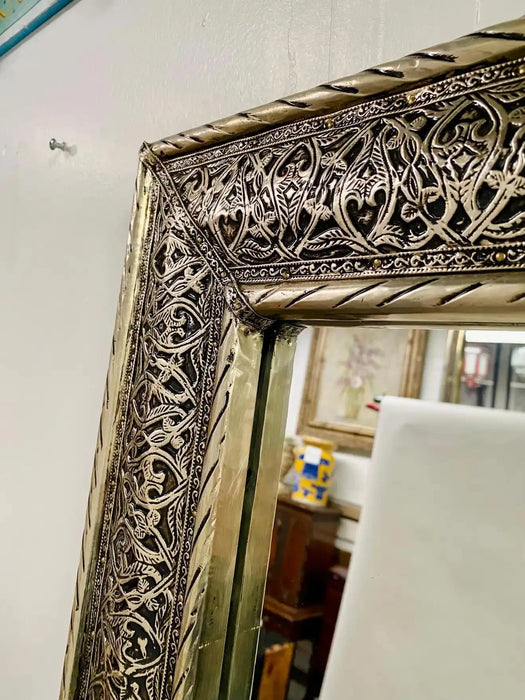 Pair of Moroccan Hollywood Regency Large Wall / Floor Pier Silver Metal Mirrors