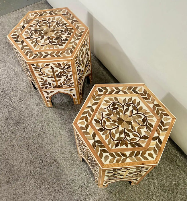 Boho Chic Leaf Design Resin & Walnut Hexagonal Side or End Table, Pair