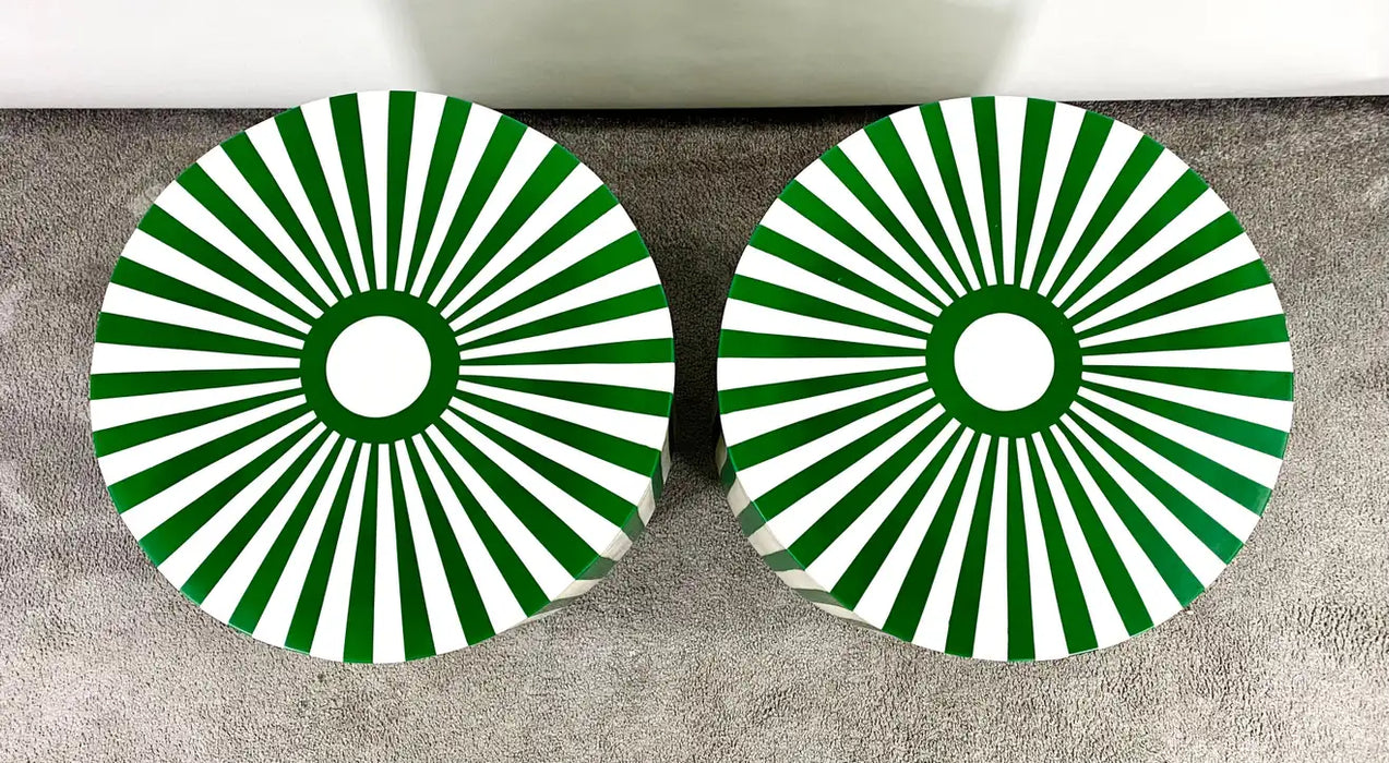 Art Deco Style Green & White Resin Side, End Table or Stool , a Pair