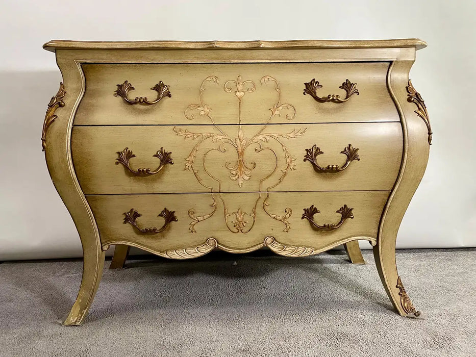 French Provincial Bombe Style Hand Painted Chest or Commode by Lilian August