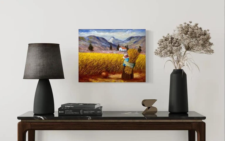 A Farmerette on a Wheat Field Landscape Painting, Framed and Signed