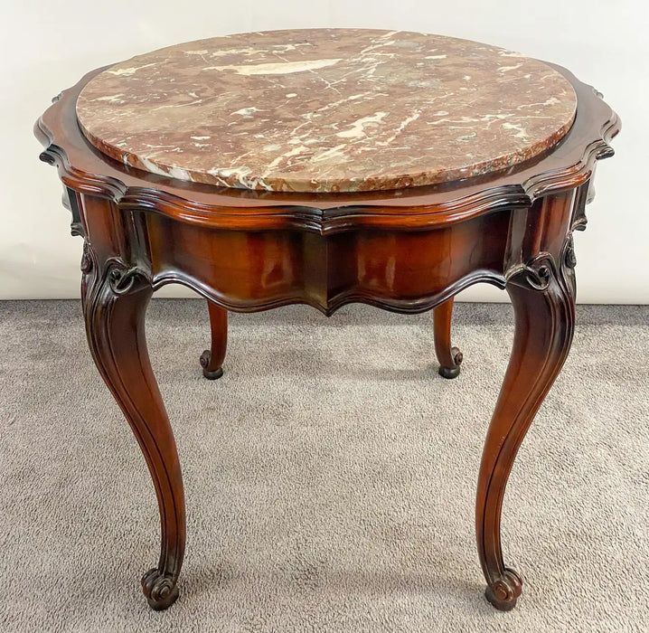 French Louis XV Style Round Mahogany and Marble Top End or Side Table, a Pair