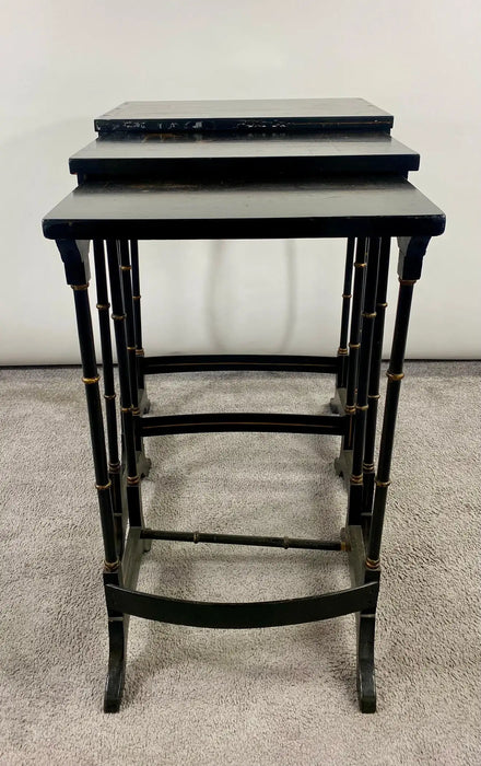 Early 20th Century Chinoiserie Black Lacquered Japanned Nesting Tables, Set of 3