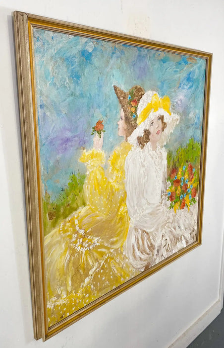 A Large Portrait Water Color on Canvas Painting of Two Ladies, Signed & Framed