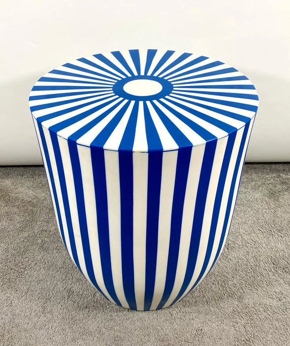 Art Deco Style Blue & White Resin Cylindrical Side / End Table or Stool , a Pair