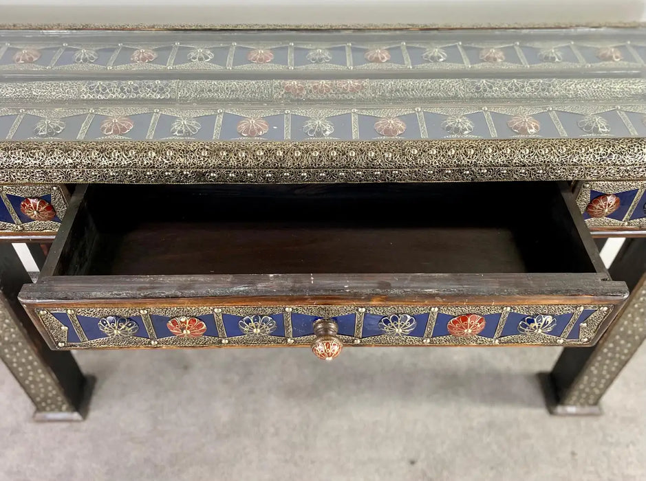 Hollywood Regency Style Blue & Silver Console with  Mirror in Filigree Design