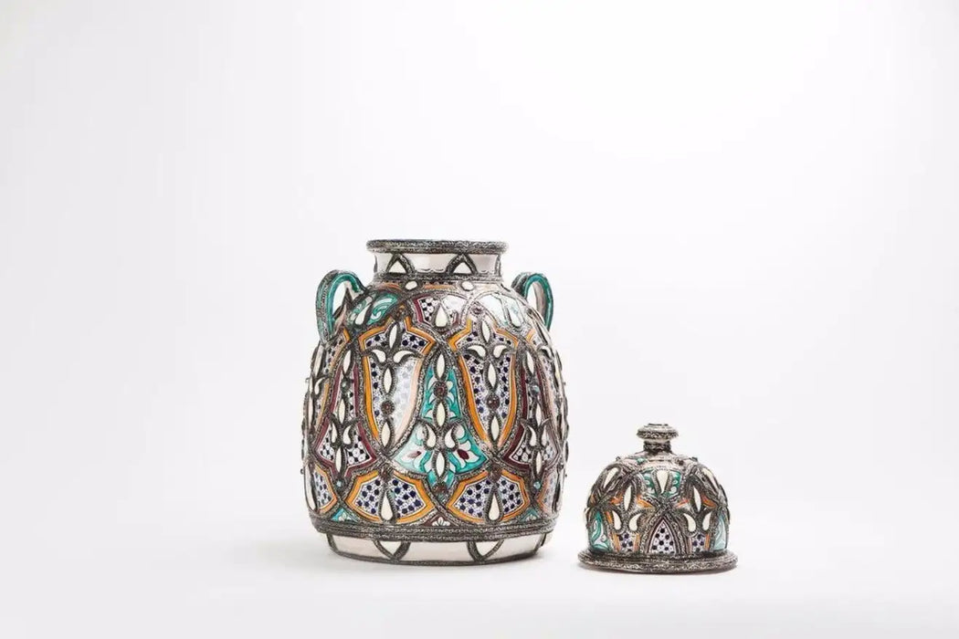 Vintage Moroccan Palatial Lidded Pottery Vase or Urn with Brass Inlay, a Pair