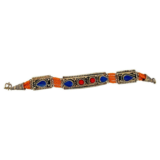 Moroccan Tribal Pure Silver Blue, Red & Orange Stones Bracelet 1950's
