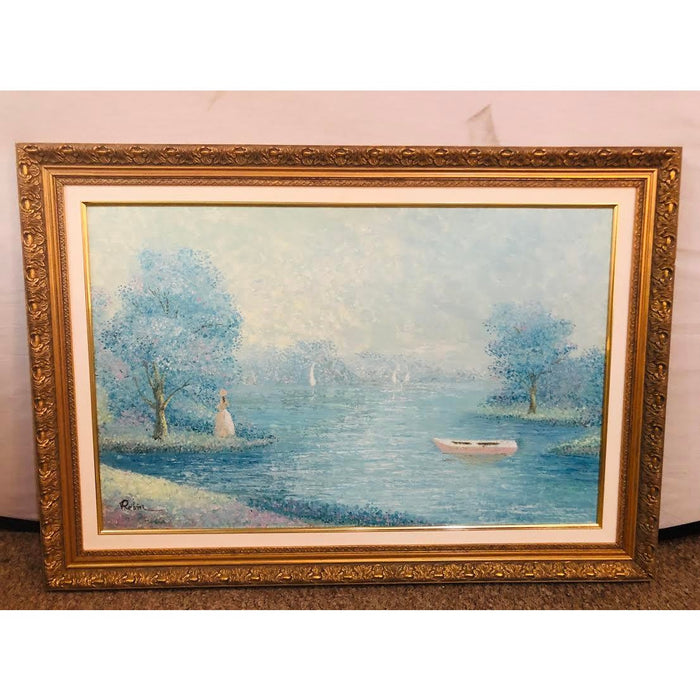 Impressionistic Lake Scene Oil on Canvas Painting Signed by Artist, Framed 1980s