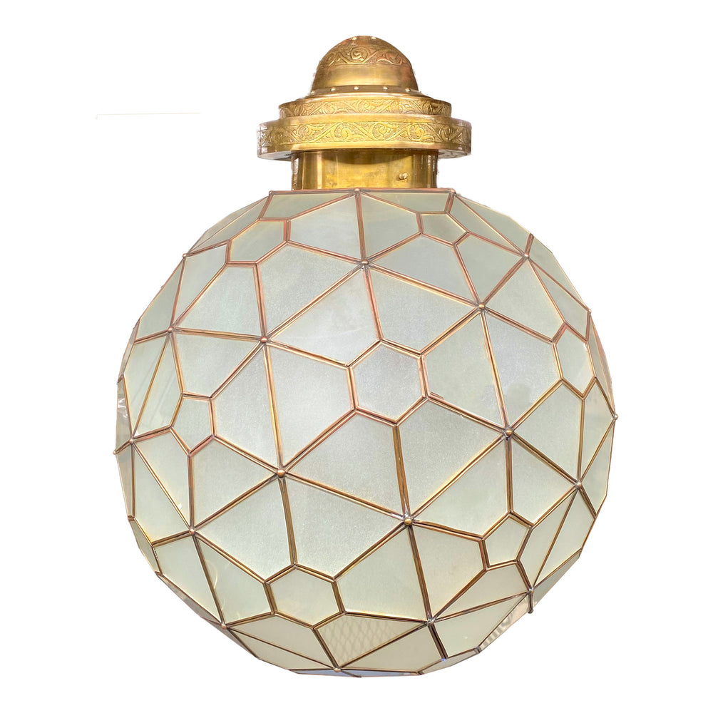 Art Deco Style Milk Glass and Brass Round Chandelier, Pendant or Lantern