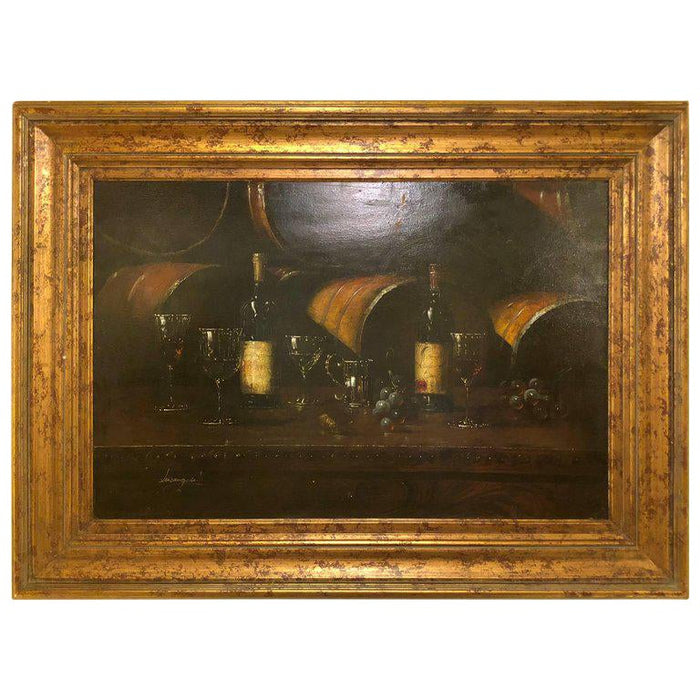 Bartolome Luzanquis Oil on Canvas Still Life of Wine Bottles With Glasses