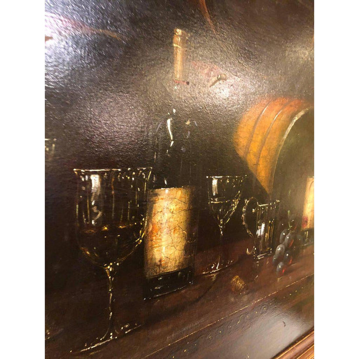 Bartolome Luzanquis Oil on Canvas Still Life of Wine Bottles With Glasses