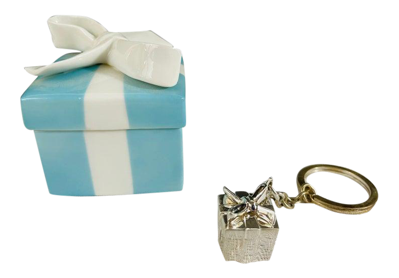 Tiffany & Co. Sterling Silver Keychain With Matching Porcelain Blue Bo
