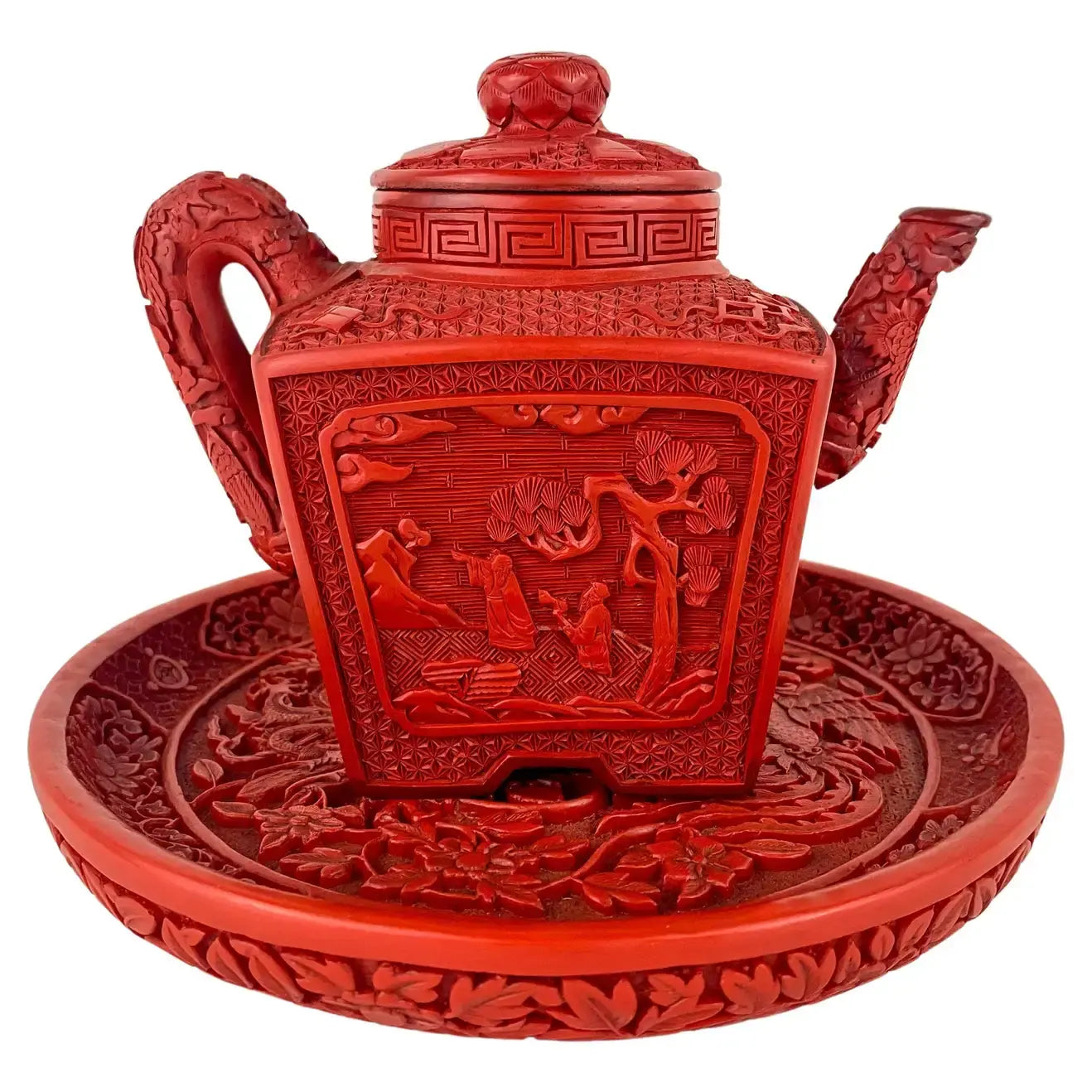Vintage Cinnabar Lacquer Chinese Quing Period Style Tea Pot