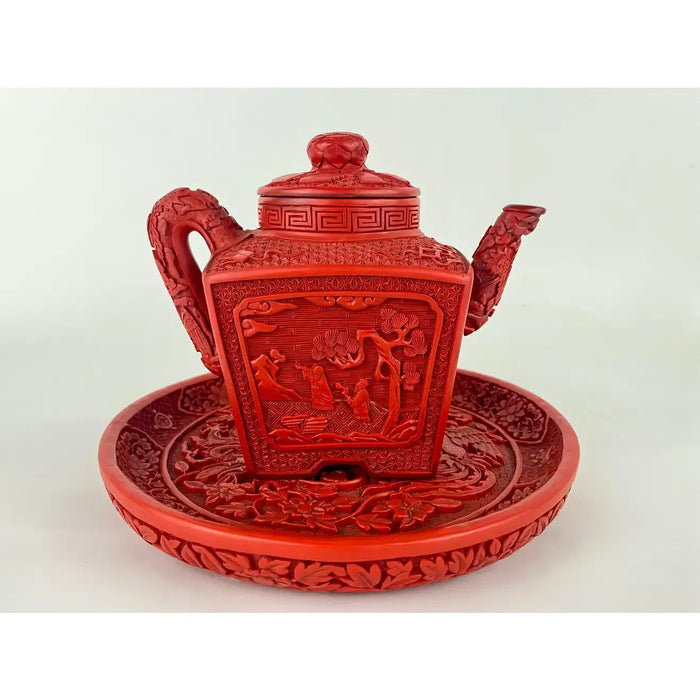 Vintage Cinnabar Lacquer Chinese Quing Period Style Tea Pot and Plate