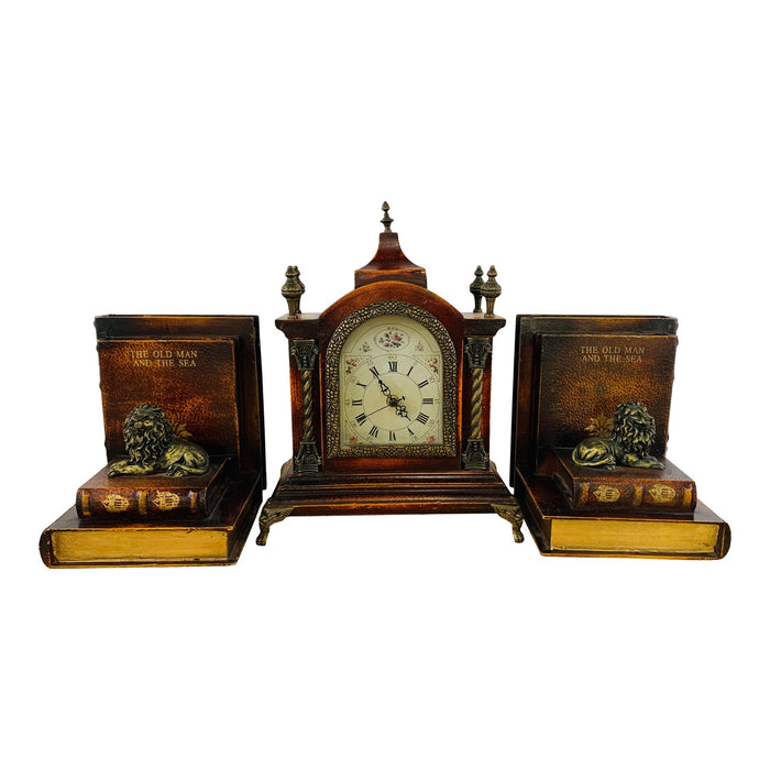Vintage Wooden Table Clock and Pair of Bookends Desk Decor Set